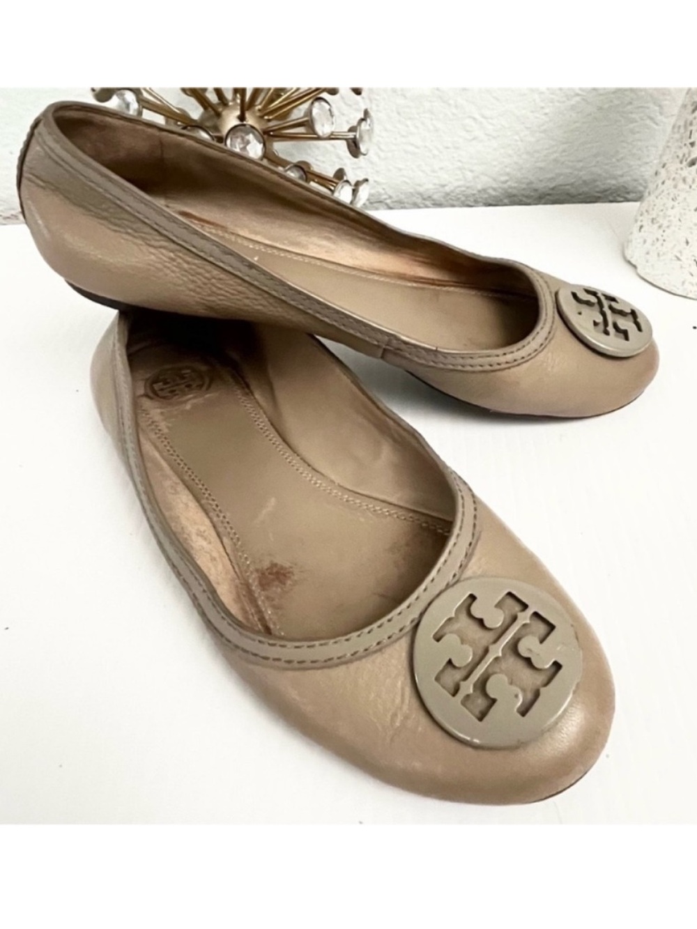 Tory Burch Taupe Leather Reva Slip On Ballet Flats Size 8